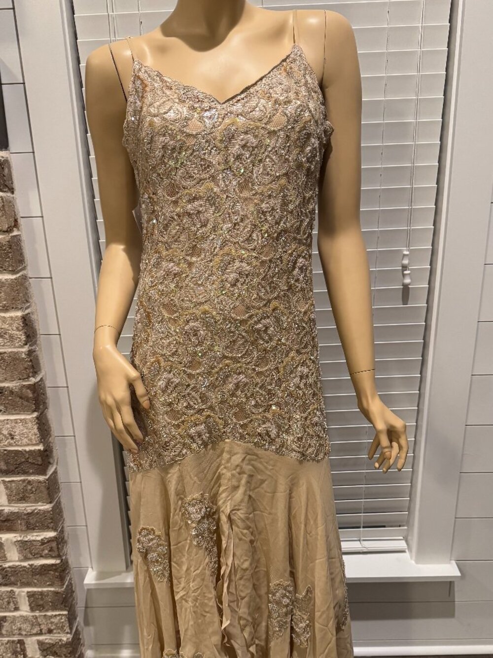 Sue Wong Dress Y2K Bead Sequin Wedding Evening Gown Elegant Beige Champagne N